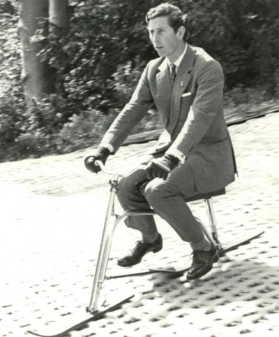 Prince Charles on a ski bike