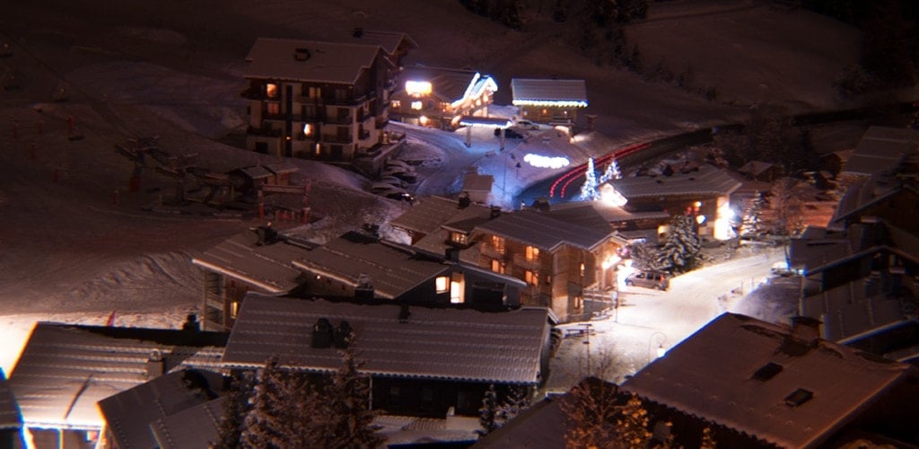 La Plagne 1800 glistening in the dusk