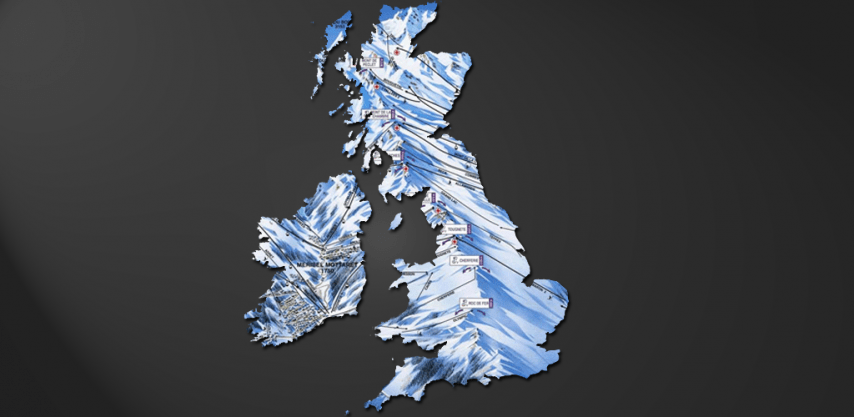 A piste map in the shape of Great Briatin promoting the French ski area over my home town app.