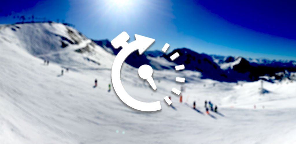 Blurred ski slope scene with time-lapse turner icon overlaid