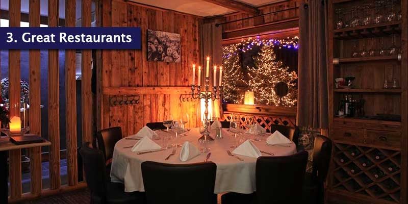 <h3>The Cuisine</h3>With Michelin star dining and cosy atmospheric wine bars, you really are spoilt for choice. Several restaurants are located throughout the resort, but <a href="http://www.bistrotdupraz.fr">Le Bistrot du Praz</a> is a must, as well as <a href="http://www.lespeupliers.com/fr/#restaurant-gastronomique-courchevel">La Table de Mon</a> and Le Cave des Lys. They all offer a range of dishes that we’re sure you’d love.<br></br> If you’re curious about Apres Ski, we recommend to try a vin chaud in La Table de Mon. You don’t need to worry about going hungry with amazing restaurants.