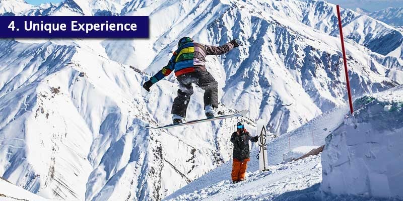 <h3>The Unique Experience</h3>If you’re looking for a more exotic ski holiday, Iran is it.<br></br>It’s a country rich in culture and one that has amazing slopes for you to develop your skiing. The 3 resorts to explore are <b>Dizin</b>, <b>Shemshak</b> and <b>Darbandsar</b>. Shemshak and Darbandsar are a little smaller than Dizin but they boast much more interesting terrain on piste.<br></br>For a unique and adventurous experience, head for the Iranian mountains.