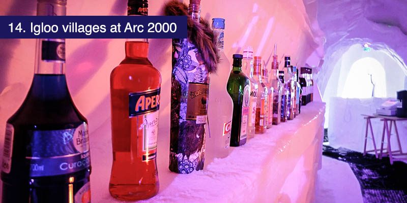 <h3>Igloo villages at Arc 2000</h3>For a change of pace why not visit the <a href="https://www.village-igloo-arcs.com/" target="_blank">Igloo Village</a> at Arc 2000? You’ll find the Ice bar serves the drinks cold but warm lunch including fondue is also on the menu. It takes 7500 cubic meters of snow and 21 days to construct the village each year and every year it’s a little different, a great place for a quick stop or to look around for a while.