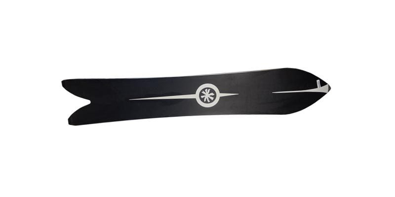 <h3>Powder boards</h3><span style="text-size:15px; font-weight:bold;">Image from Original Sin Snowboards<br></span>  Arguably the coolest looking snowboards, powder boards are real specialists. It’s a great board to demonstrate ‘directional’ snowboards, these are boards that are designed to be used only in one direction. You wouldn’t want to ride switch on the vast majority of powder boards.<br><br>  <b>Features</b> <ul> <li>A short tail often with a fishtail helps the board ride up on top of the powder by letting the back sink more easily.</li> <li>The broad nose helps you ride up on the snow and surf that pow.</li> <li>The nose is pointed to spill the powder efficiently from the board, it slows you down less.</li> </ul> A powder board is not great on the piste or in the park but it’s ideal in powder. As such you don’t see that many around but they’re common in off piste videos.