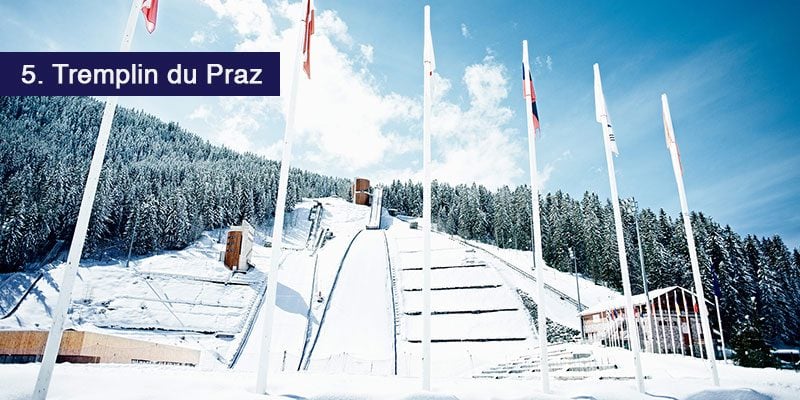 <h3>Ski Jumping Hill</h3>Tremplin du Praz is a ski jumping hill situated in Le Praz and it consists of four hills that La Praz received in 1944! The K120 and K90 were then constructed for the Olympic Winter Games.<br></br>Since 1997, the hill has hosted many exciting events such as the ‘Ski Jumping Grand Prix’ which takes place every summer. It gathers exceptional ski jumpers who compete so an amazing show witnessing talented athletes is always on the cards.