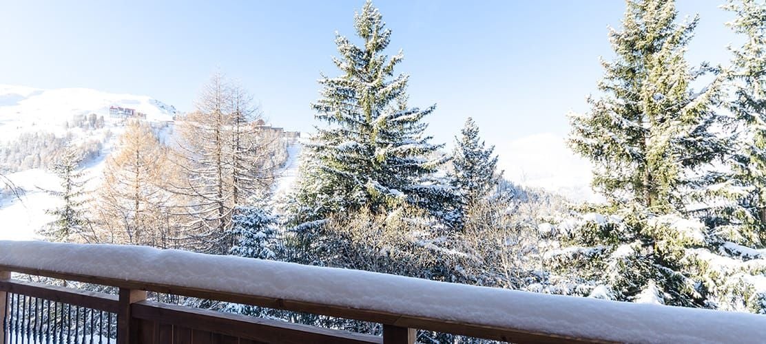 Exterior balcony of chalet Ammonite with views of La Plagne 1800