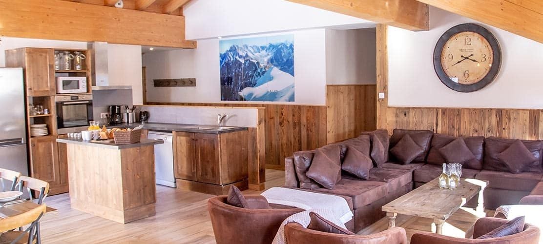 Open plan Lounge and Kitchen in Catered Chalet